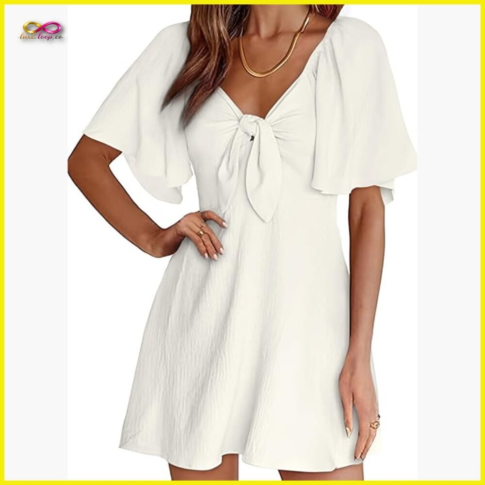 Elegant Deep V Neck Mini Dress with Bow Tie and Ruffle Sleeves Chic